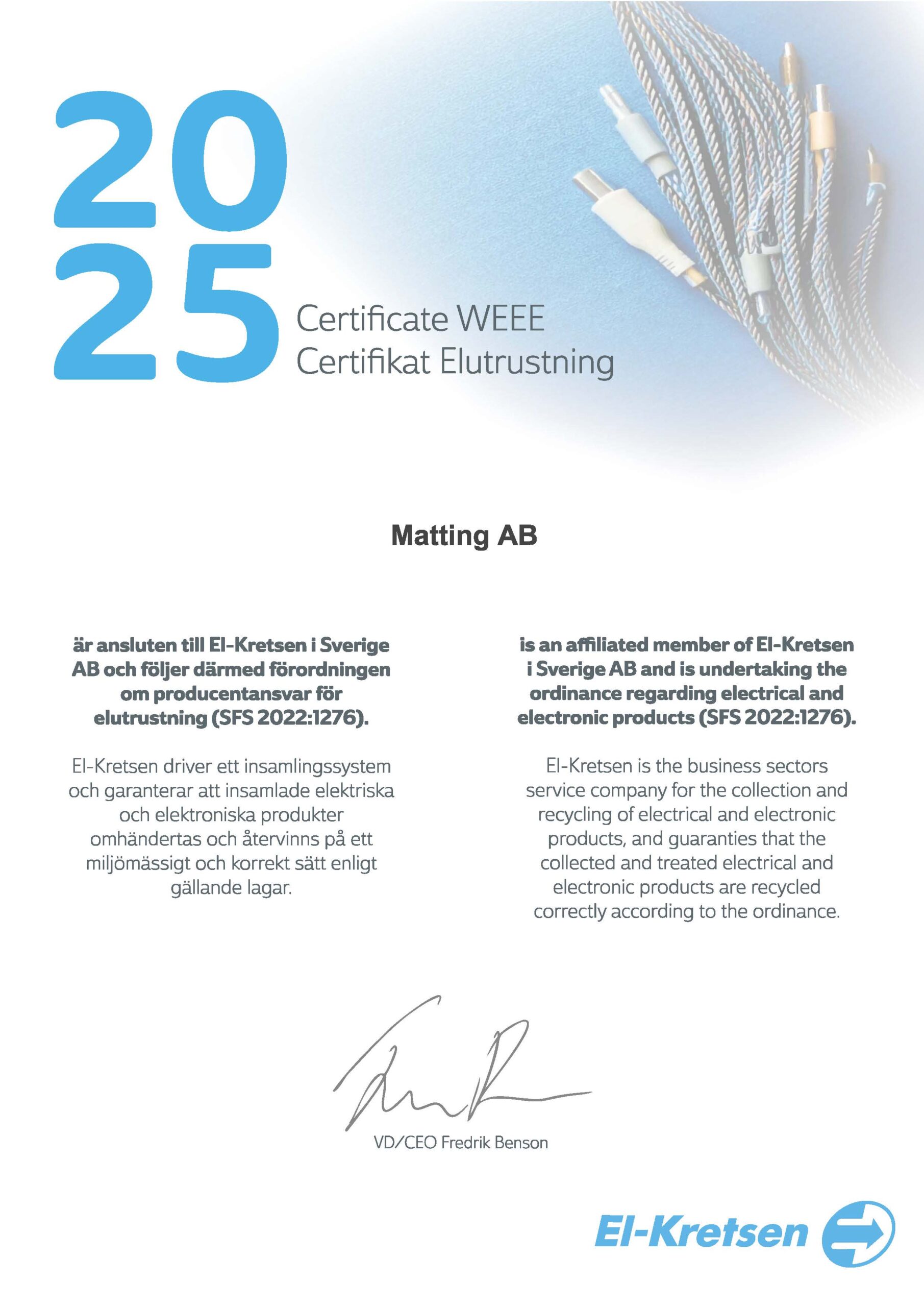 Certifikat Elkretsen Elutrustning 2025